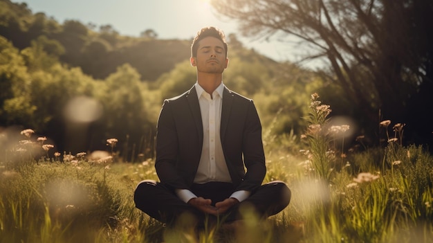 Uomo d'affari in abito medita in postura di loto in natura creato con la tecnologia Generative AI
