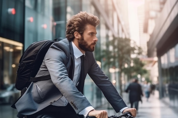 Uomo d'affari in bicicletta per lavorare in città