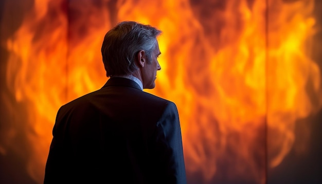 Uomo d'affari in fiamme in piedi in fiamme ardenti competenza sicura generata dall'intelligenza artificiale