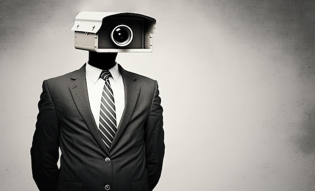 Uomo d'affari in giacca e cravatta con il monitoraggio del supervisore dello spazio di copia della testa della telecamera CCTV dei dipendenti