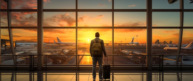 uomo d'affari in piedi alla finestra dell'aeroporto all'aeroporto Generative AI