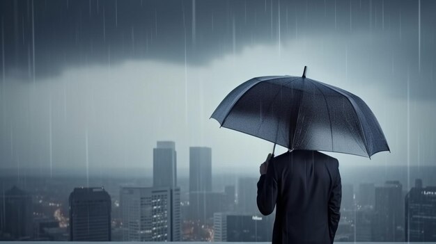 Uomo d'affari in piedi con l'ombrello e guardando il panorama della città sotto raingenerative ai
