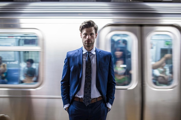 Uomo d'affari in piedi davanti a lasciare il treno della metropolitana