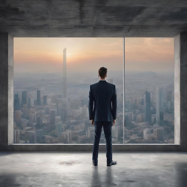 Uomo d'affari in piedi e guardando in lontananza in un interno vuoto di cemento con vista panoramica della città vi