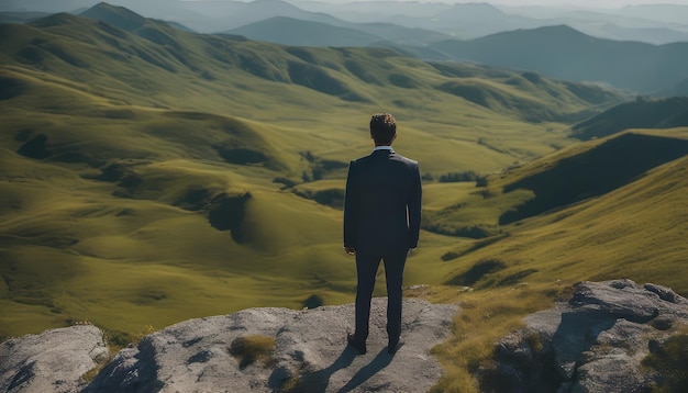 Uomo d'affari in piedi in cima a una montagna e guardando l'orizzonte