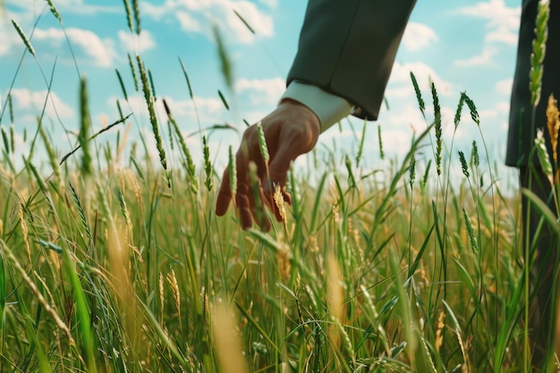 Uomo d'affari in piedi in un campo e la mano che tocca l'erba alta