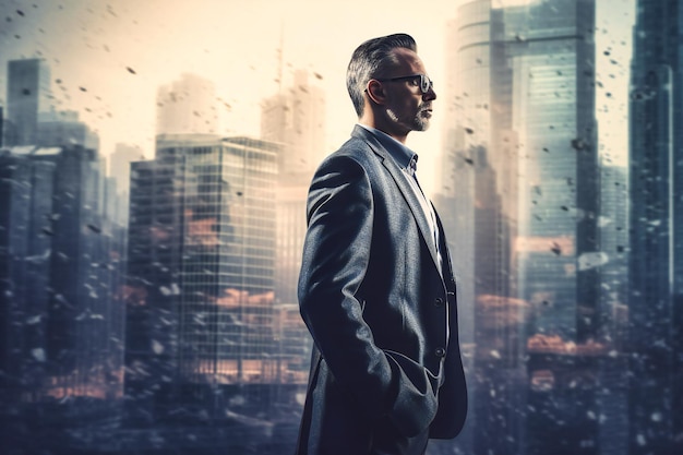 Uomo d'affari in piedi su uno sfondo di edifici imponenti e vita dinamica della città