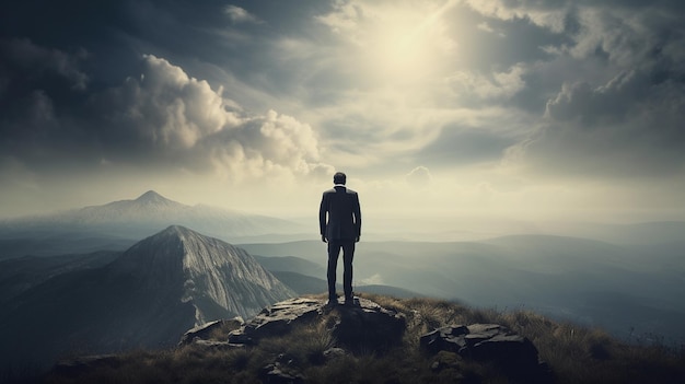 Uomo d'affari in piedi sulla cima di una montagna e guardando la valle Generativo Ai