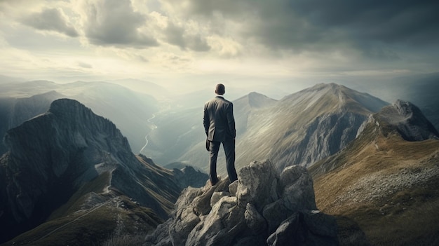 Uomo d'affari in piedi sulla cima di una montagna e guardando la valle Generativo Ai