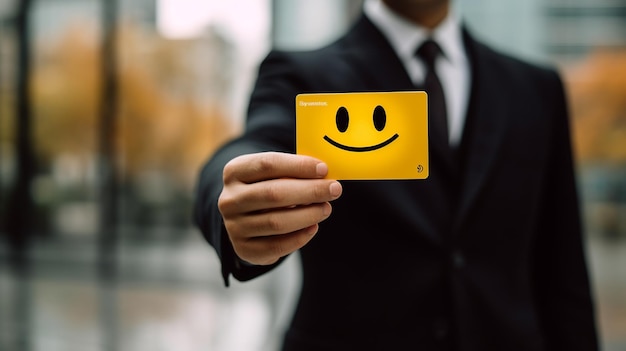 Uomo d'affari in possesso di una carta con faccina sorridente sullo sfondo
