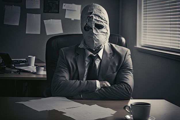 Uomo d'affari in ufficio nel concetto di maniaco del lavoro senza cravatta creato con l'IA generativa