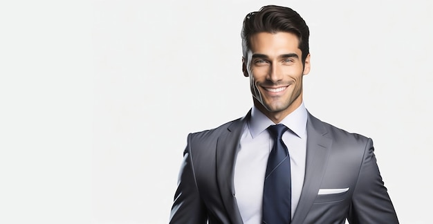 uomo d'affari isolato su sfondo bianco in posa e sorridente banner pubblicitario