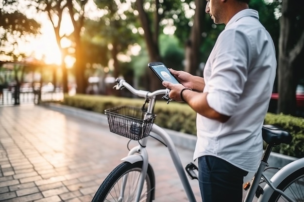 Uomo d'affari latino con uno smartphone che usa il noleggio di biciclette