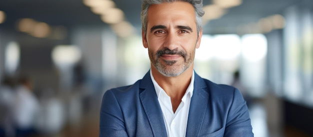 Uomo d'affari leader maturo sicuro che sorride alla macchina fotografica con il fondo dell'ufficio