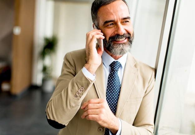 Uomo d&#39;affari maturo bello con il telefono cellulare nell&#39;ufficio