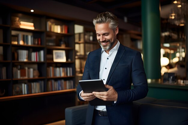 Uomo d'affari maturo e elegante che indossa un blazer blu sul suo tablet su uno sfondo sfocato in ufficio