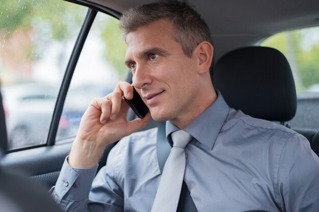 Uomo D'affari Maturo In Auto Parlando Sul Cellulare