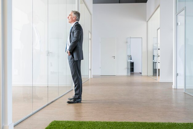 Uomo d'affari maturo in piedi nello spazio ufficio con tappeto di erba verde