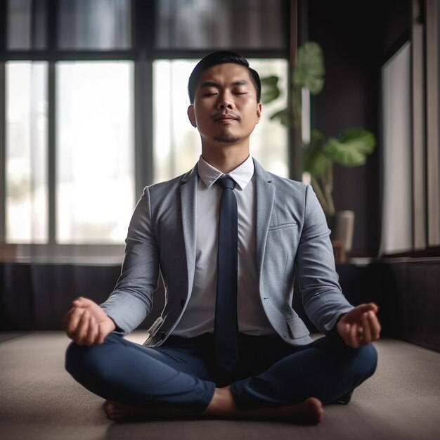 Uomo d'affari medita e si rilassa al lavoro Uomo asiatico in abito da lavoro seduto in posizione di loto