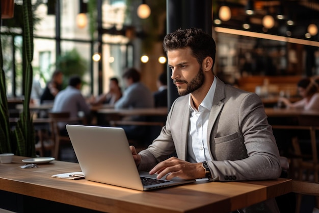 Uomo d'affari multitasking che lavora in ufficio Usa il touchpad mentre legge un'e-mail sulle ginocchia