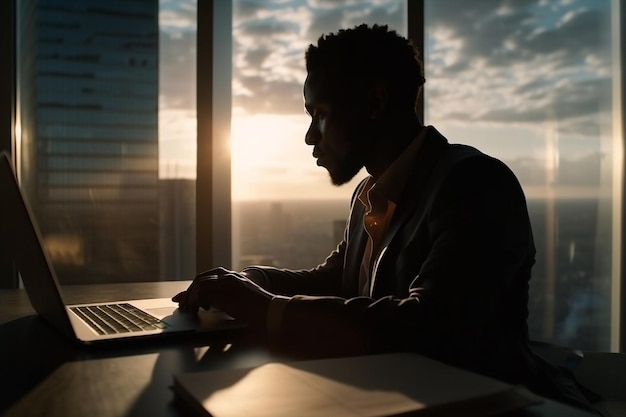Uomo d'affari nero ai generativo che lavora al computer al tramonto