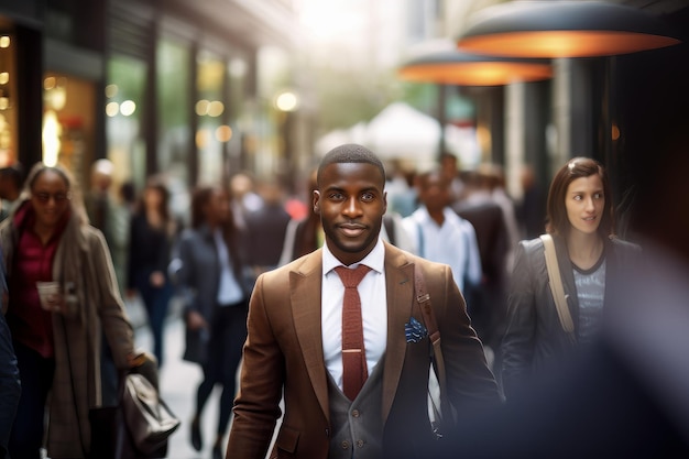 Uomo d'affari nero che cammina nella città moderna Un bell'uomo africano cammina su una strada pedonale affollata