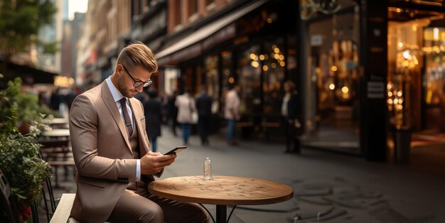 uomo d'affari per strada che guarda lo smartphone AI generativa