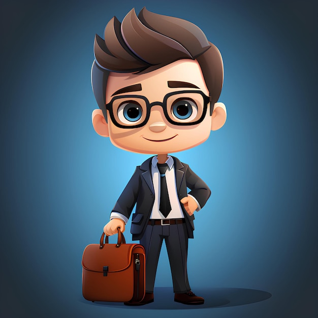 Uomo d'affari personaggio dei cartoni animati con gli occhiali e una valigetta Personaggio 3D occupato dell'uomo d'affari