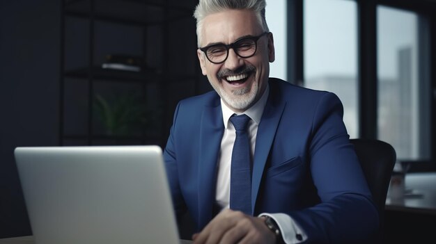 Uomo d'affari professionale di mezza età sorridente felice seduto alla scrivania in ufficio a lavorare su un computer portatile ridendo sul posto di lavoro Ai generativa