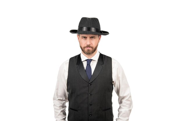 Uomo d'affari retrò in stile business casual e cappello isolato su sfondo bianco, eleganza