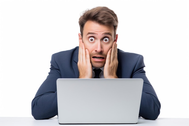 Uomo d'affari seduto con stress e mal di testa in ufficio usando un portatile su sfondo bianco