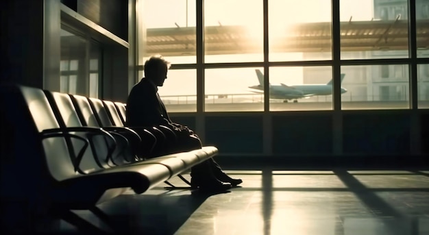 Uomo d'affari seduto in aeroporto in attesa del volo