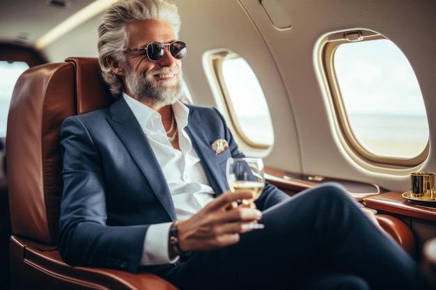 Uomo d'affari seduto nel suo jet privato AI generativo