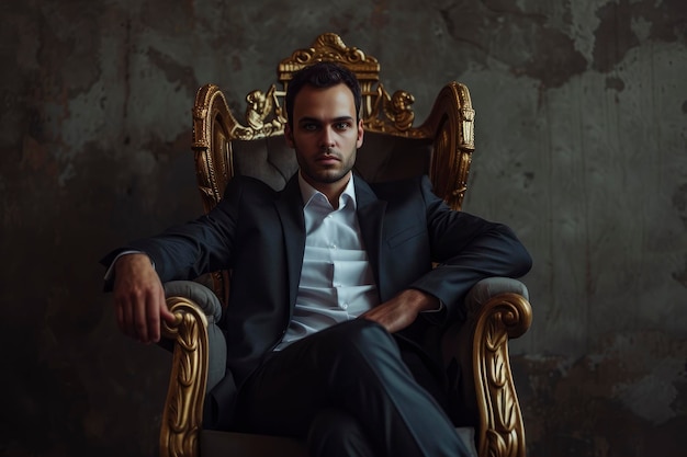 Uomo d'affari seduto sul trono drammatica luce studio foto riprese professionali