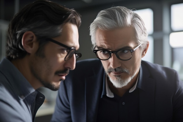 Uomo d'affari serio e maturo con gli occhiali che guarda un collega in ufficio IA generativa