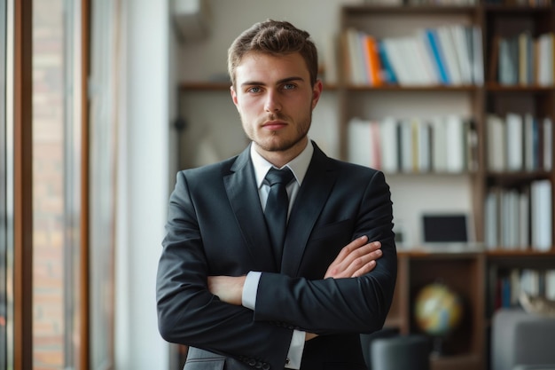 Uomo d'affari sicuro di sé che indossa un abito da lavoro in ufficio