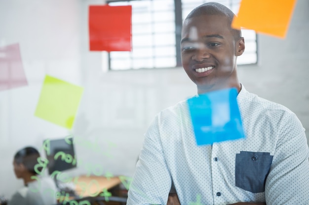 Uomo d'affari sorridente che legge le note appiccicose sul vetro