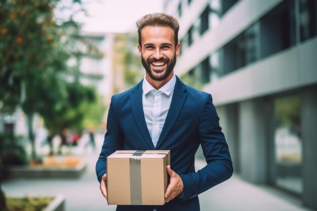 Uomo d'affari sorridente con scatola in magazzino IA generativa
