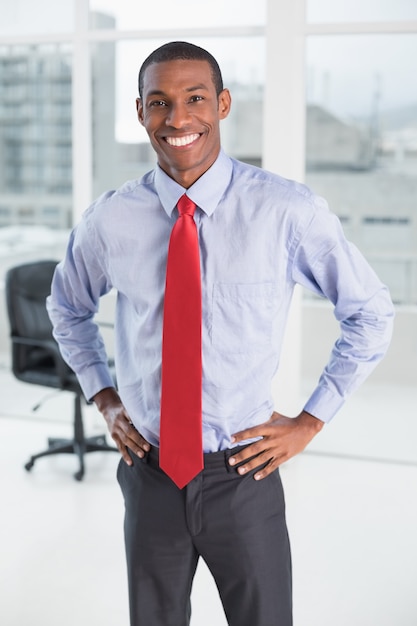 Uomo d&#39;affari sorridente elegante di afro che sta nell&#39;ufficio