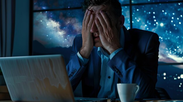 Uomo d'affari stressato che affronta la scadenza in ufficio di notte Professionale sovraccarico di lavoro con le mani sul viso Conceptualizzazione dello stress e della pressione del lavoro con sfondo notturno stellato AI