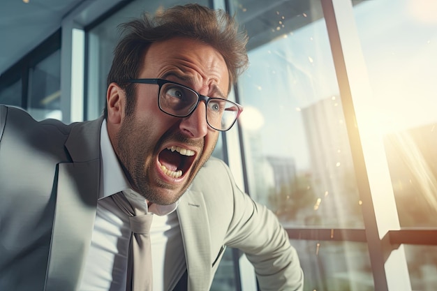 Uomo d'affari urlante in preda al panico in ufficio