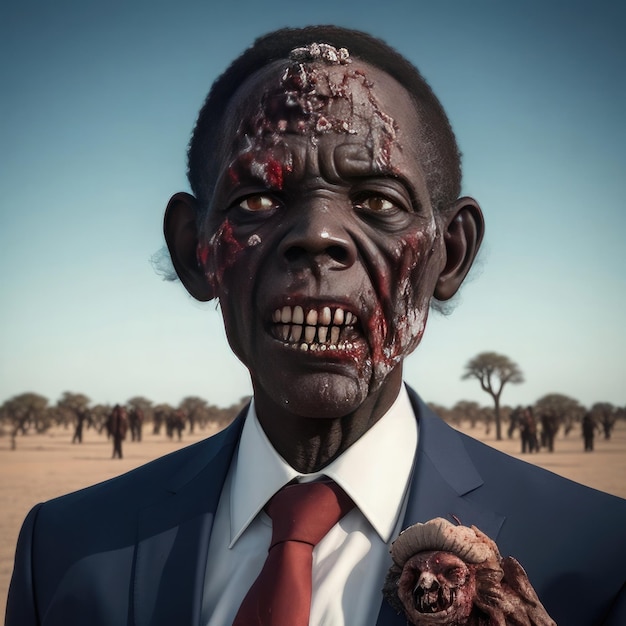 Uomo d'affari zombie con sangue sul viso in un paesaggio desertico
