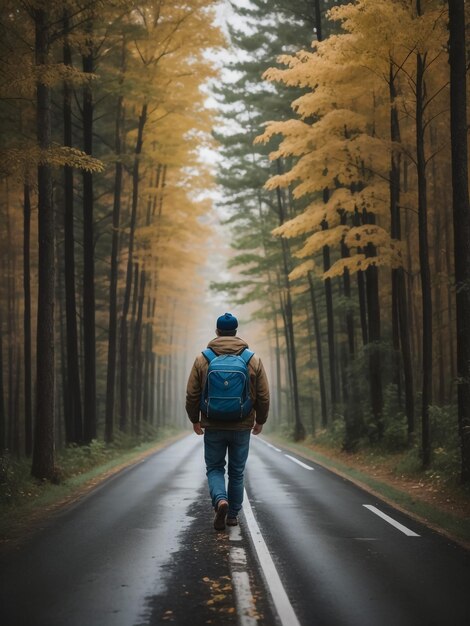 Uomo da solo che cammina nella foresta oscura d'autunno Maschio attivo sportivo con zaino all'aperto Camminiere che si diverte a vacare