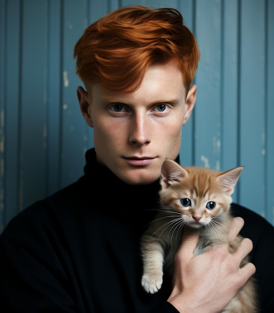 Uomo dai capelli rossi che tiene un gattino arancione