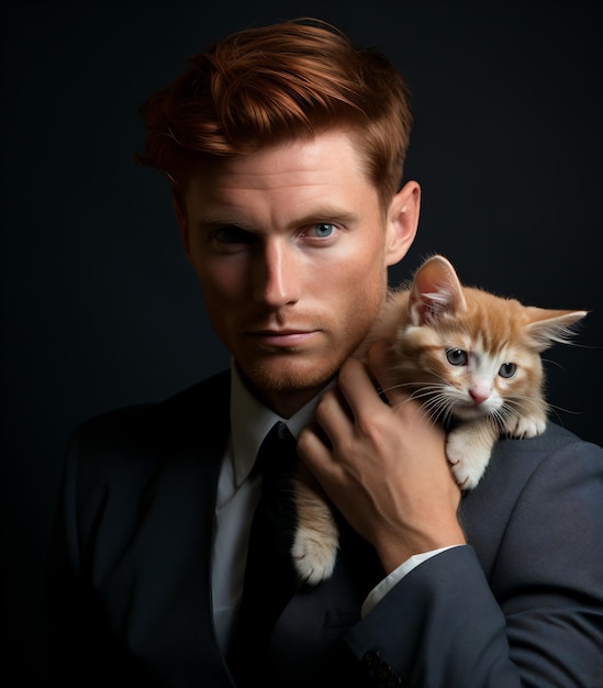 Uomo dai capelli rossi in giacca e cravatta che tiene un gattino arancione sulla spalla