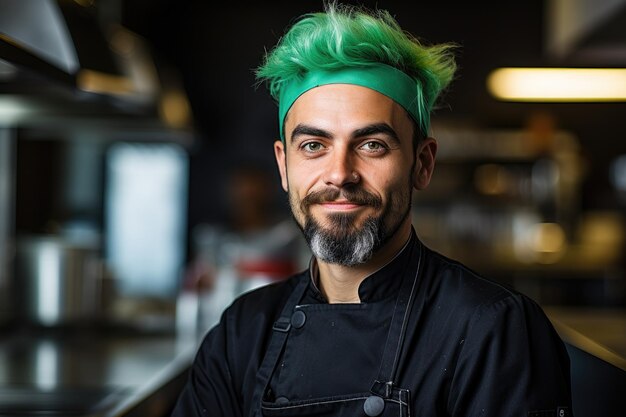 Uomo dai capelli verdi che indossa un'uniforme da chef