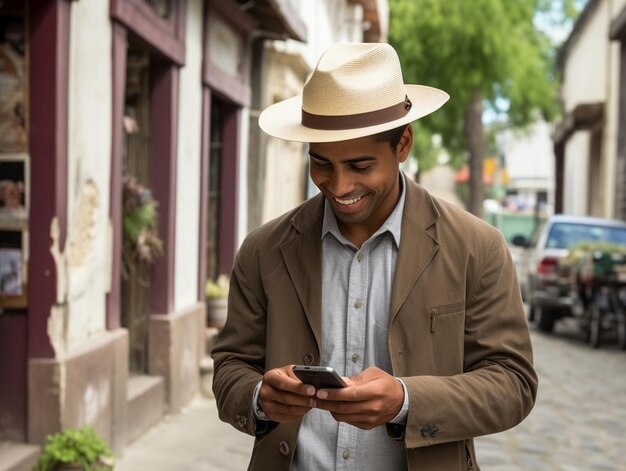 uomo dalla Colombia che utilizza lo smartphone per la comunicazione online