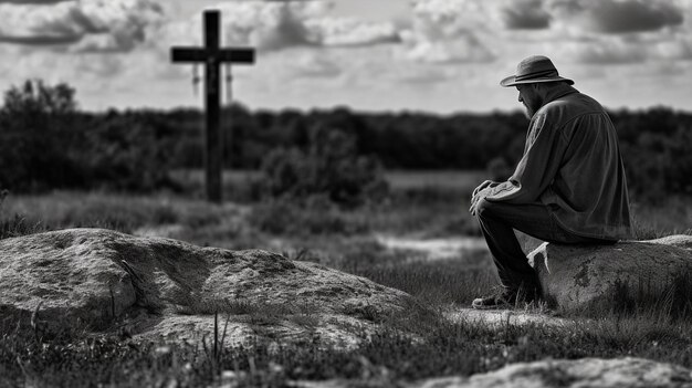 Uomo davanti a una croce di legno in campagna Bianco e nero