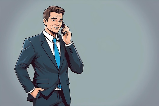 Uomo dei cartoni animati in abito da lavoro con telefono cellulare