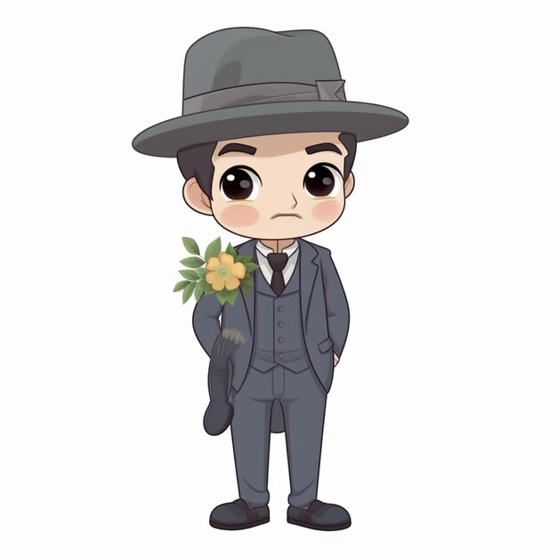 uomo dei cartoni animati in abito e cappello che tiene un bouquet di fiori